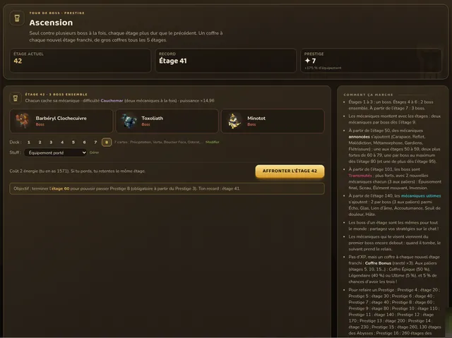 Ascension avant combat : étage actuel 42 (record étage 41, Prestige 7), 3 boss ensemble Barbéryl Clochecuivre, Toxoliath et Minotot en difficulté Cauchemar, coût 2 énergie, règles des paliers à droite