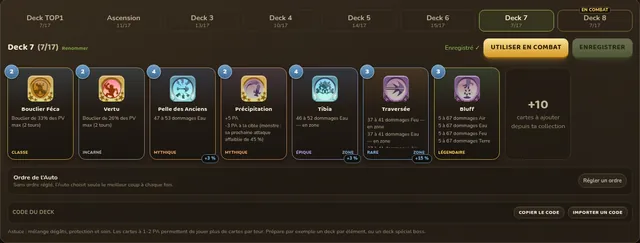 Deck 7 du Kralamoure : Bouclier Féca, Vertu, Pelle des Anciens, Précipitation, Tibia, Traversée, Bluff