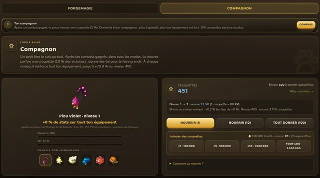Compagnon : Piou Violet niveau 1, 451 croquettes à donner (100 par jour), achat de croquettes et choix du compagnon