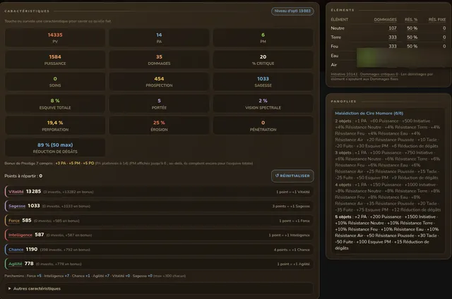 Caractéristiques du Féca avec la panoplie Malédiction de Cire Momore 6/6 : 14 335 PV, 14 PA, 6 PM, résistances 50 %, réduction de dégâts 89 % (50 max)