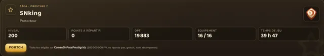 Fiche du personnage : Féca Prestige 7, niveau 200, Opti 19 883, équipement 16/16
