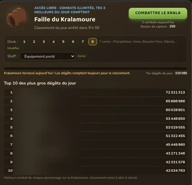 Carte Faille du Kralamoure dans la page Guilde : accès libre, choix du deck, dégâts du jour 320 085 et top 10 des plus gros dégâts du jour (pseudos des autres joueurs floutés)