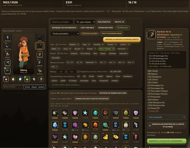Inventaire filtré sur Dofus / Trophée (136 objets) avec le panneau de filtres ouvert : type, rareté, niveau de fusion, niveau et caractéristiques