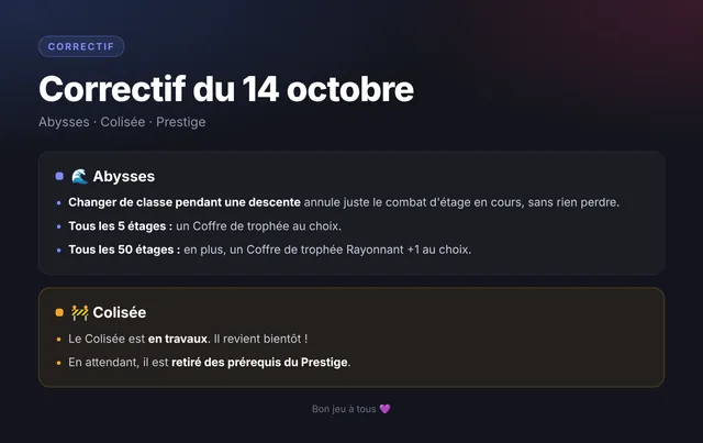 Correctif officiel du 14 octobre : Abysses (coffres de trophée tous les 5 et 50 étages), Colisée en travaux et retiré des prérequis du Prestige