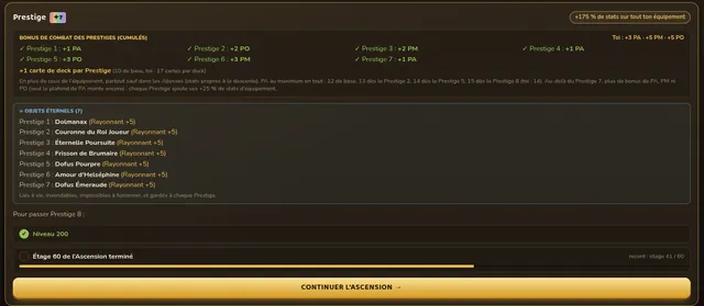 Bloc Prestige de la fiche personnage : bonus de combat cumulés des Prestiges 1 à 7, objets éternels gardés à chaque Prestige et conditions pour passer Prestige 8