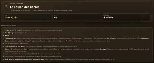 Page Saison : la saison des Cartes (18–25 oct 2026, XP ×4, énergie illimitée) et ses règles héroïques, dont la Banque de saison (8 emplacements, +3 par Prestige)