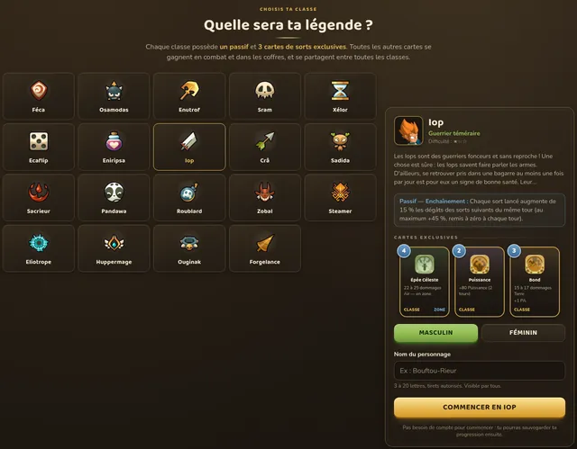 Page publique Classes du site RpgMasters : grille des 19 classes et fiche du Iop avec passif et 3 cartes exclusives