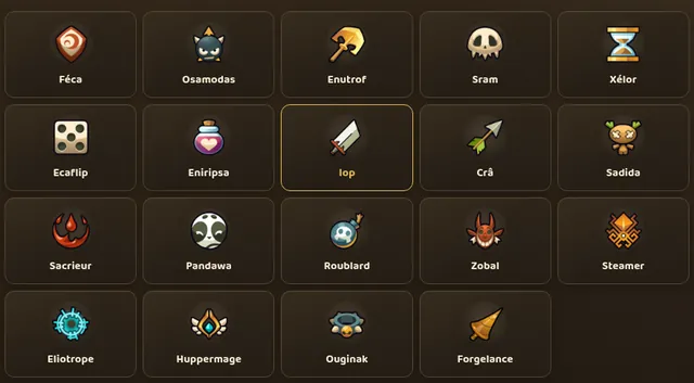 Grille des 19 classes jouables sur la page publique Classes, dont le Crâ