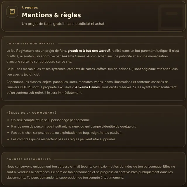 Page publique Mentions et règles : fan-site non officiel, règles de la communauté et données personnelles