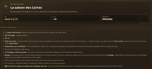 Page publique Saison : saison des Cartes du 18 au 25 octobre 2026, XP ×4, énergie illimitée et règles Héroïques
